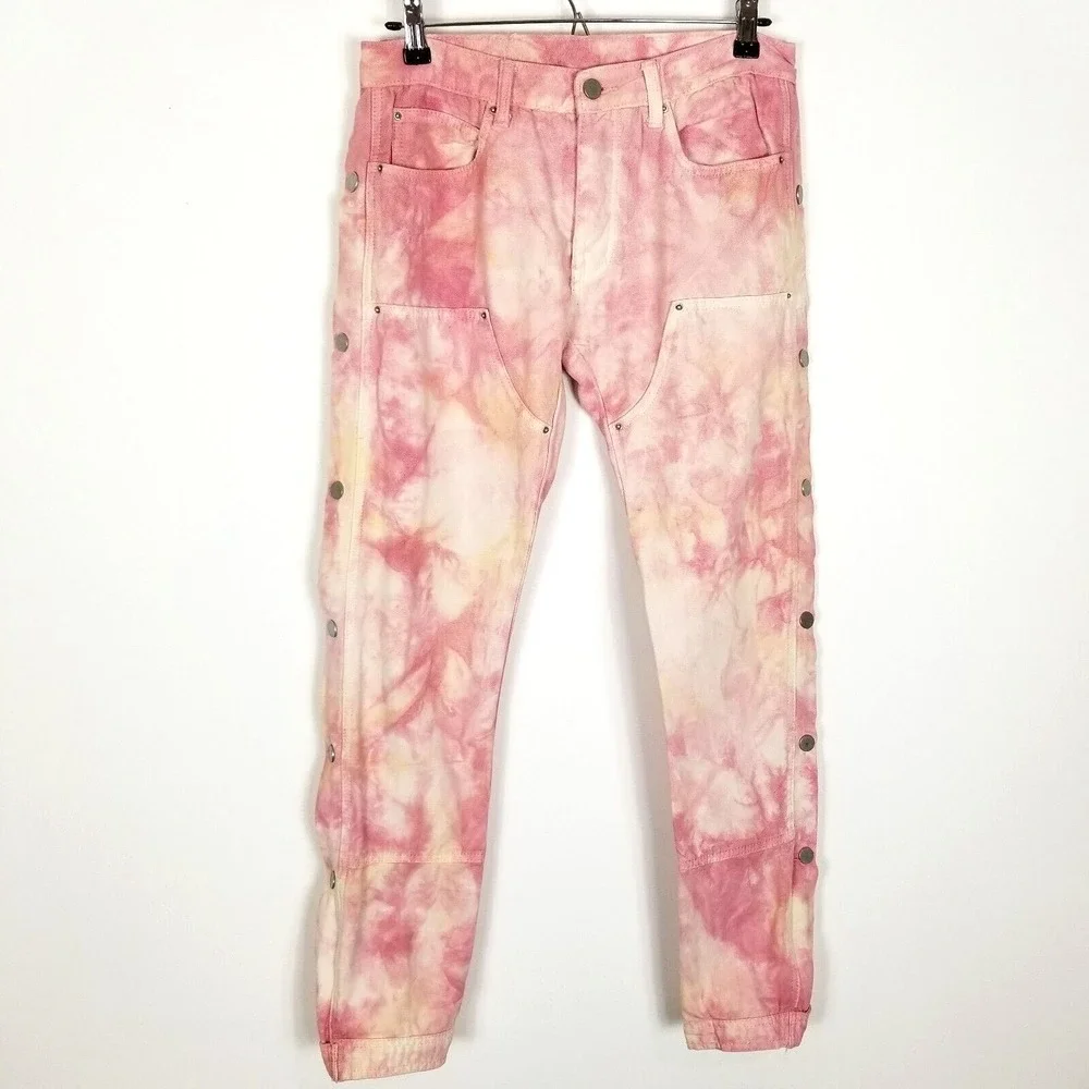 MNML Men's White Pink Tie‎ Dye Jeans Size 29 Snap Zip Sides Pockets